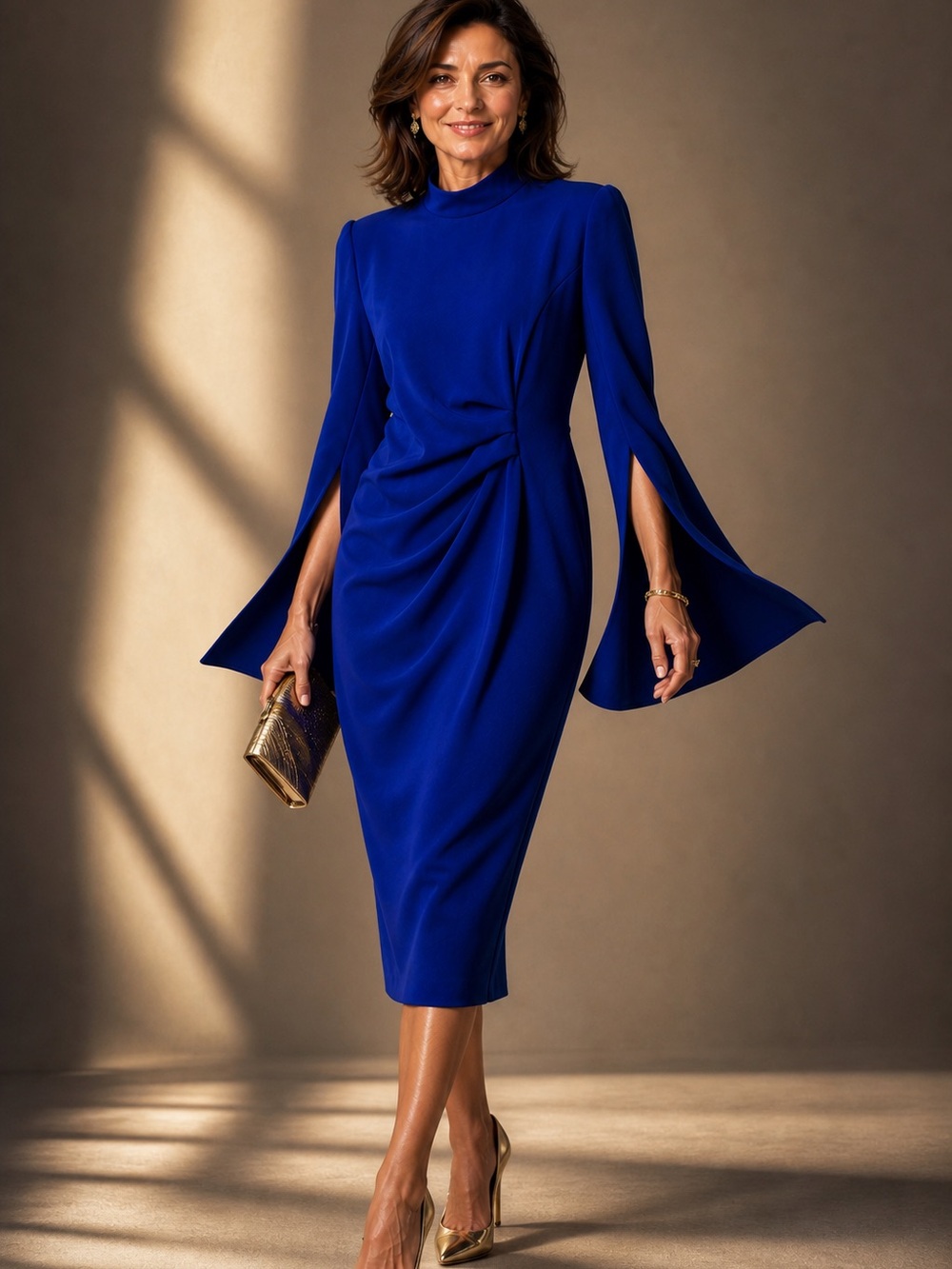 Chiara Boni Cobalt Blue Midi Dress with Draped Waist and Split Bell Sleeves